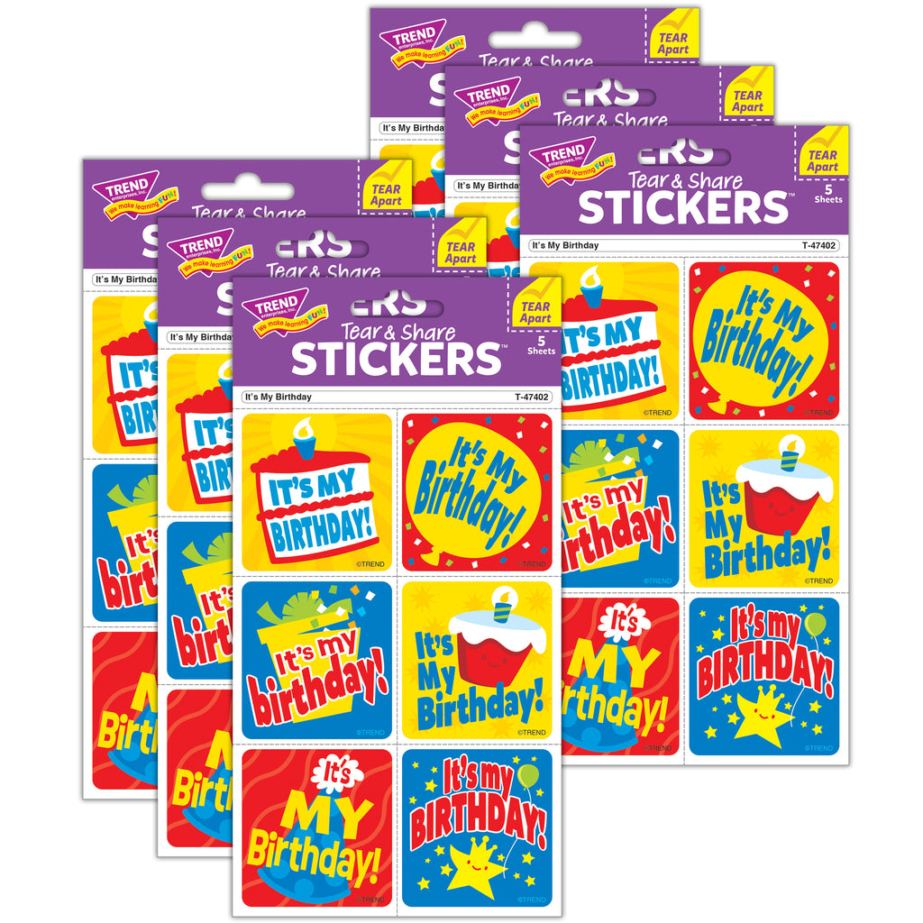 It's My Birthday Tear & Share Stickers®, 30 Per Pack, 6 Packs