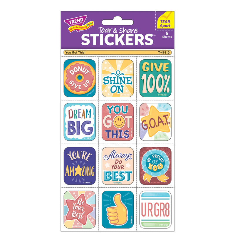You Got This! Tear & Share Stickers™, 60 Per Pack, 6 Packs