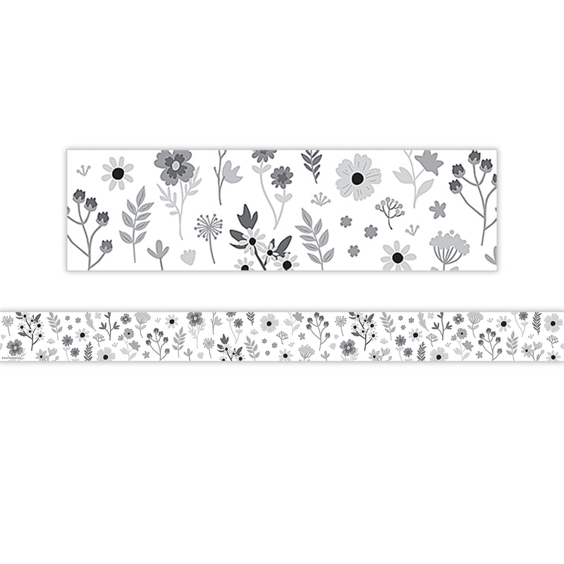 Black and White Floral Straight Border Trim, 35 Feet Per Pack, 6 Packs