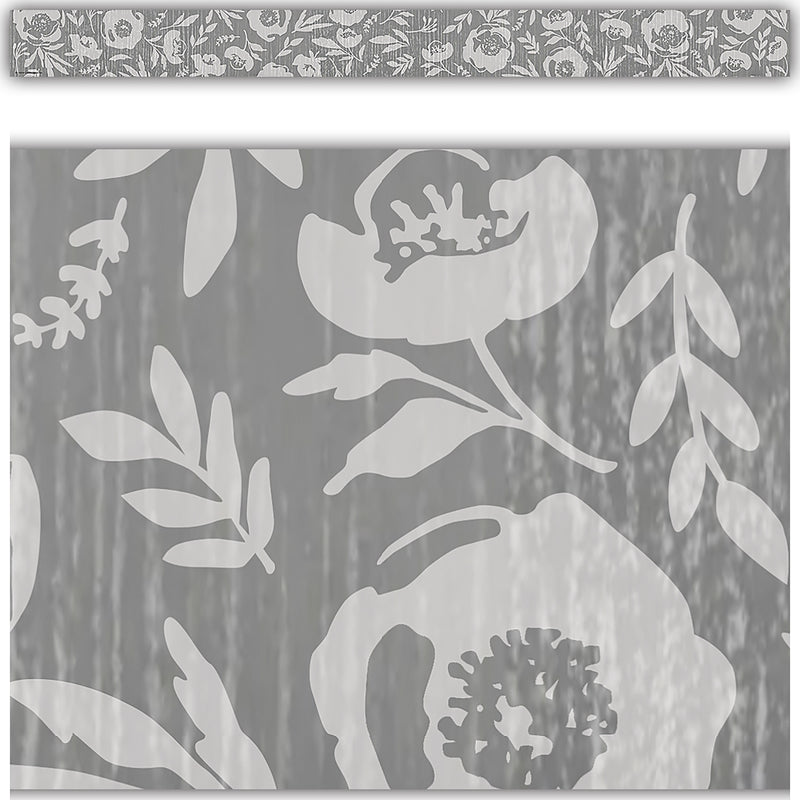 Classroom Cottage Gray Floral Straight Border Trim, 35 Feet Per Pack, 6 Packs