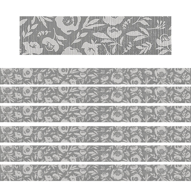 Classroom Cottage Gray Floral Straight Border Trim, 35 Feet Per Pack, 6 Packs