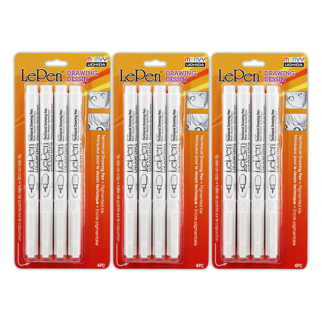 LePen® Drawing Pens, 4 Per Pack, 3 Packs