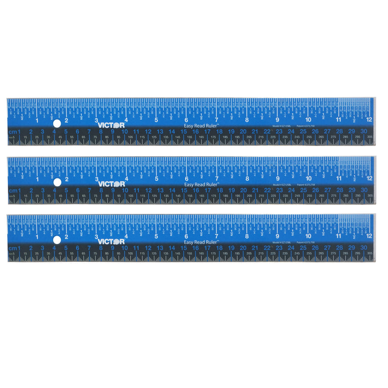 Easy Read™ Ruler, Stainless Steel, Blue/Black, 12", Pack of 3