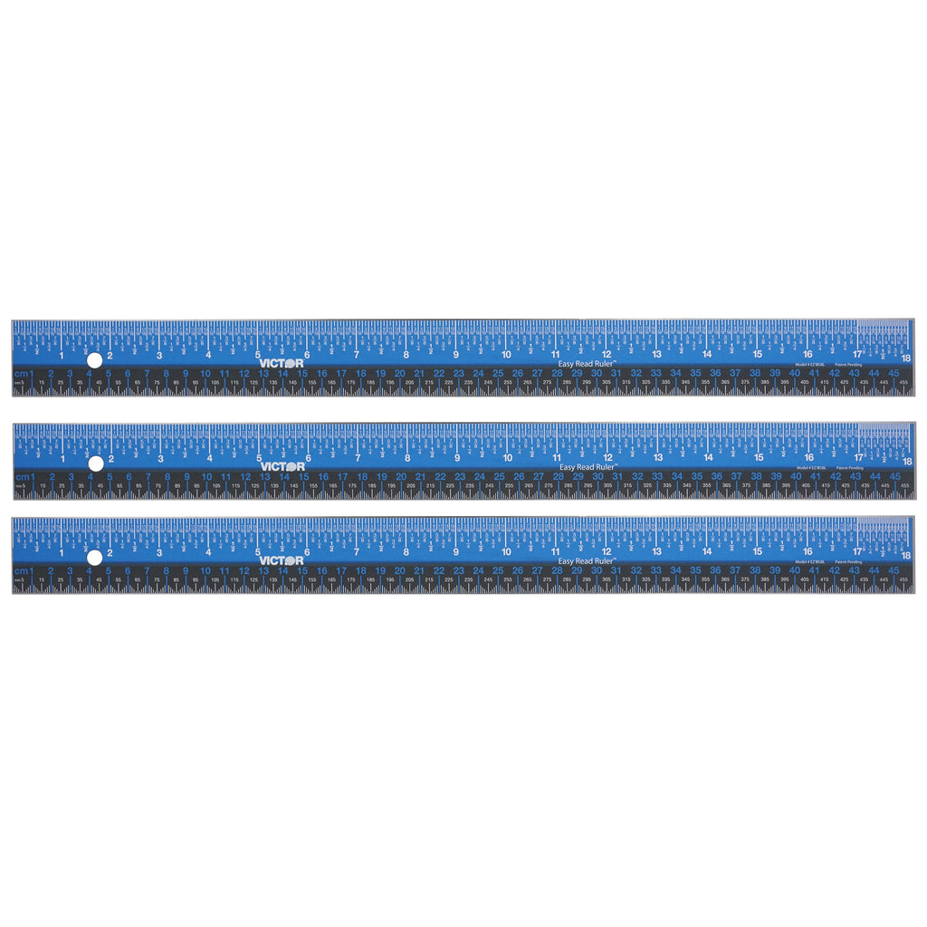Easy Read™ Ruler, Stainless Steel, Blue/Black, 18", Pack of 3