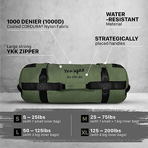 Yes4All Workout Sandbags, Heavy Duty Sandbags for Fitness, Conditioning, MMA & Combat Sports - Army Green - S