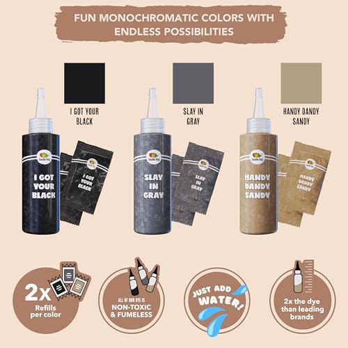 Neutral Black Tie Dye Kit Including Tan & Charcoal Grey Dye - 3 Pack Black Tie Dye Kit with 6 Refills Soda Ash Included Gray Tie Dye Party Supplies - DIY a Trendy Monochromatic Look (Gray Fabric Dye)
