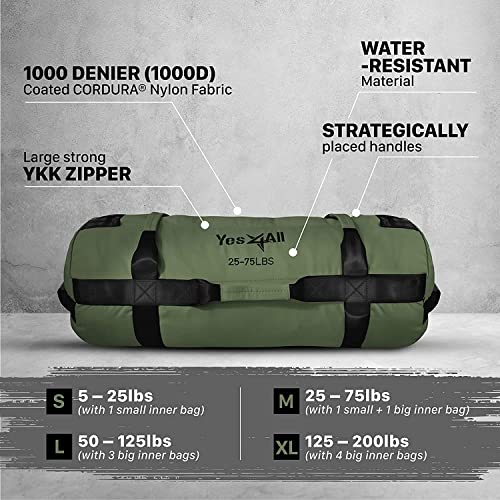 Yes4All Workout Sandbags, Heavy Duty Sandbags for Fitness, Conditioning, MMA & Combat Sports - Army Green - S