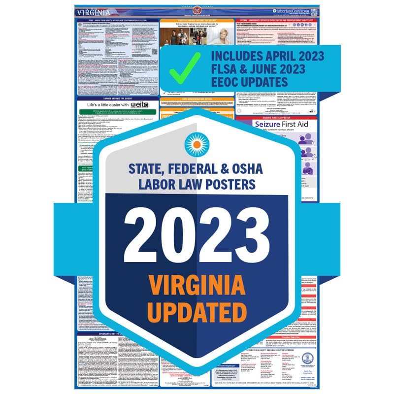 Newest Update for 2023 Virginia State & Federal Labor Law Poster- Includes June EEOC & April FLSA, FMLA, & EPPA Updates- OSHA Workplace Compliant & Required- UV Laminated & Water Proof -(English)