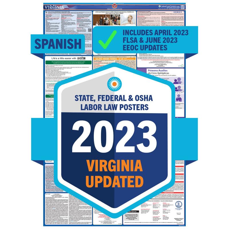 Newest Update for 2023 Virginia State & Federal Labor Law Poster (Spanish)- Includes June EEOC & April FLSA, FMLA, & EPPA Updates- OSHA Workplace Compliant & Required- UV Laminated & Water Proof