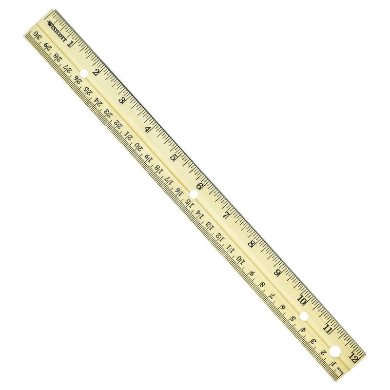 12" Hole Punched Wood Ruler English and Metric With Metal Edge, Pack of 36