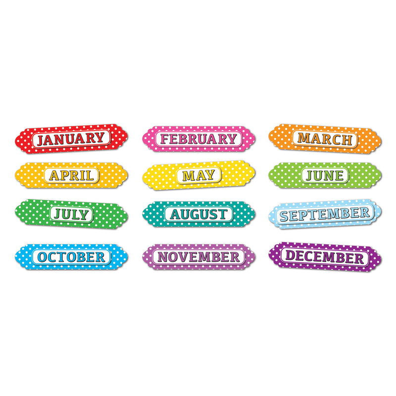 Magnetic Die-Cut Timesavers & Labels, Months of the Year, White Polka Dots On Assorted Colors, 12 Per Pack, 3 Packs