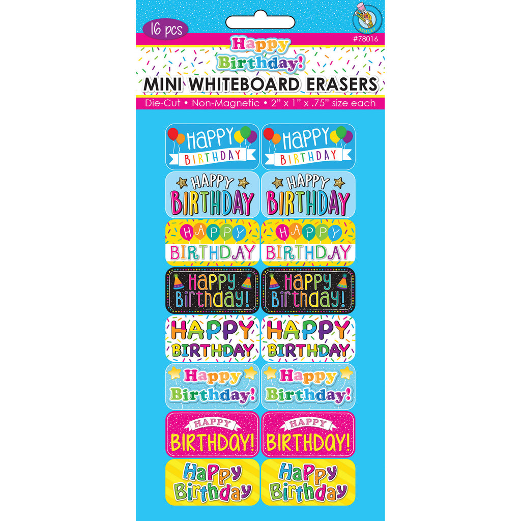 Non-Magnetic Mini Whiteboard Erasers, Happy Birthday, Pack of 16