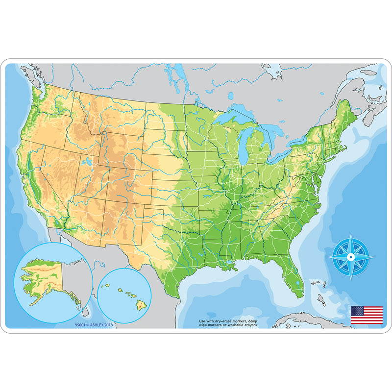 Us Map Physicl Learning Mat 2 Sided Write On Wipe Off