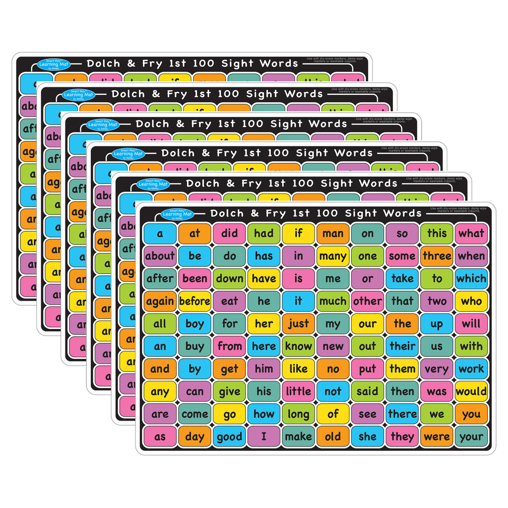Smart Poly™ Learning Mat, 12" x 17", Double-Sided, Sight Words 1st & 2nd 100, Pack of 6