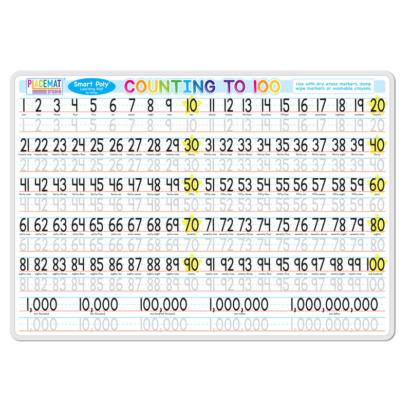 Smart Poly® Learning Mat Double-Sided, Counting 1-100, 12" x 17"