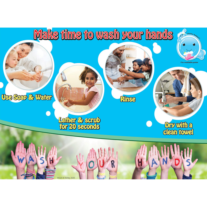 Smart Poly® PosterMat Pals™ Space Savers, 13" x 9-1-2", Time To Wash Hands, Pack of 10