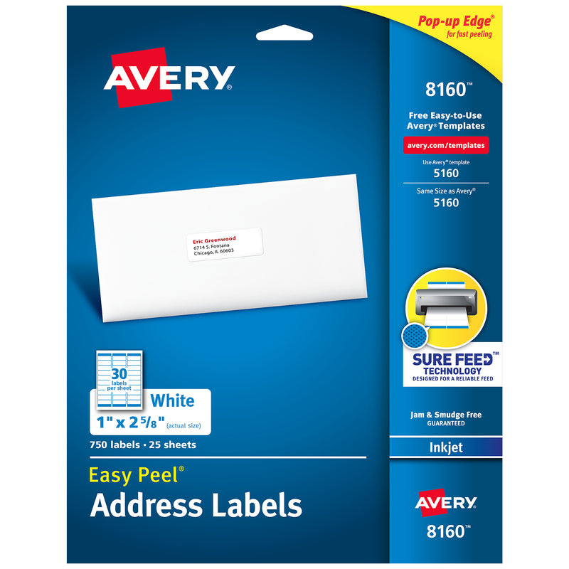 Easy Peel® Address Labels, Sure Feed™ Technology, Permanent Adhesive, 1" x 2-5-8", 750 Labels