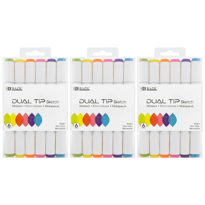 (3 Pk) 6 Fluor Colr 2tip Markers