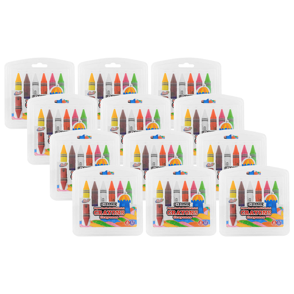 Double-Ended Premium Super Jumbo Crayons, 12 Colors, 6 Per Pack, 12 Packs