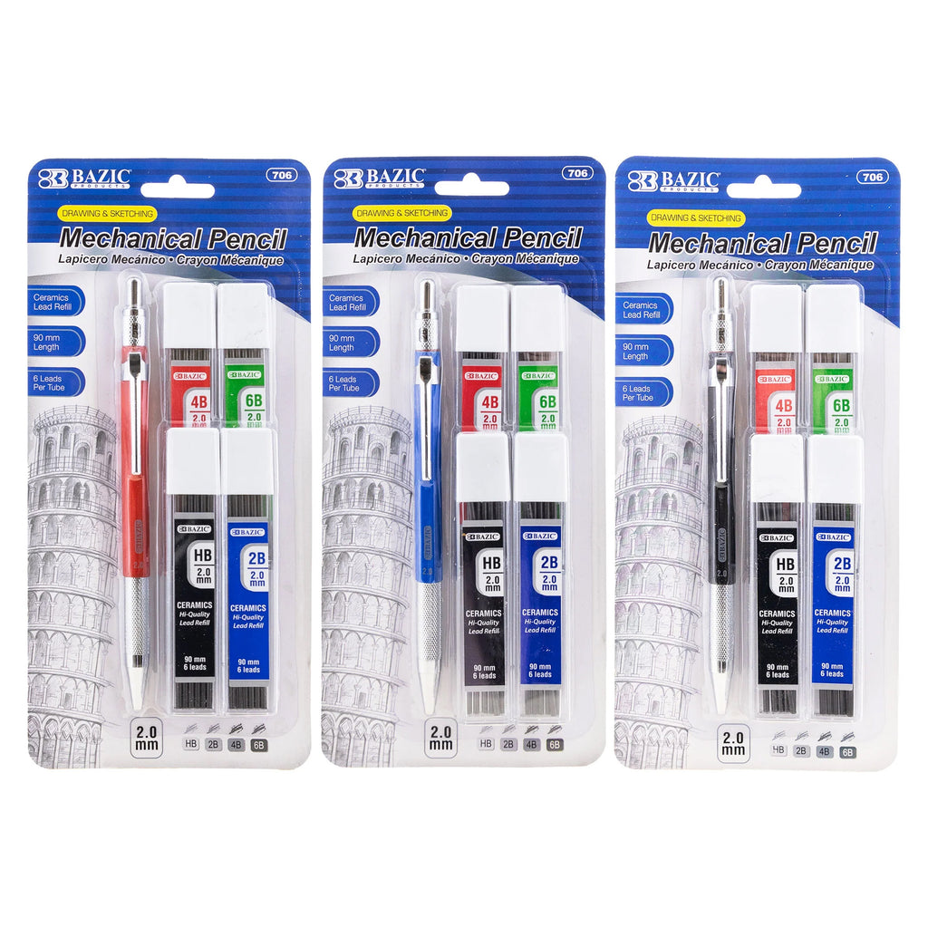 2.0 mm Mechanical Pencil with HB, 2B, 4B & 6B Lead, Assorted Barrel Color, Pack of 3