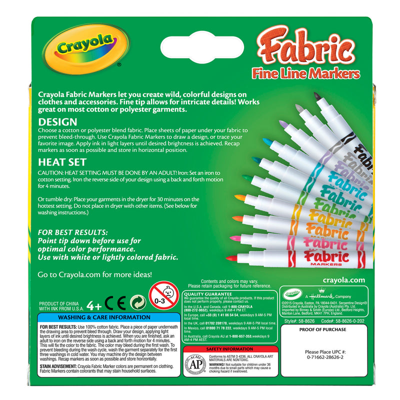 Crayola Fine Line Fabric Markers 10 Colors