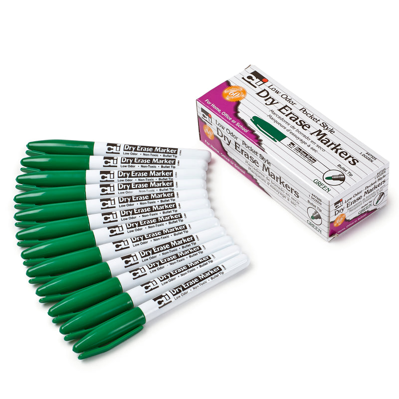 (3 Bx) 12ct Per Bx Green Bullet Tip Dry Erase Markers Pocket Style