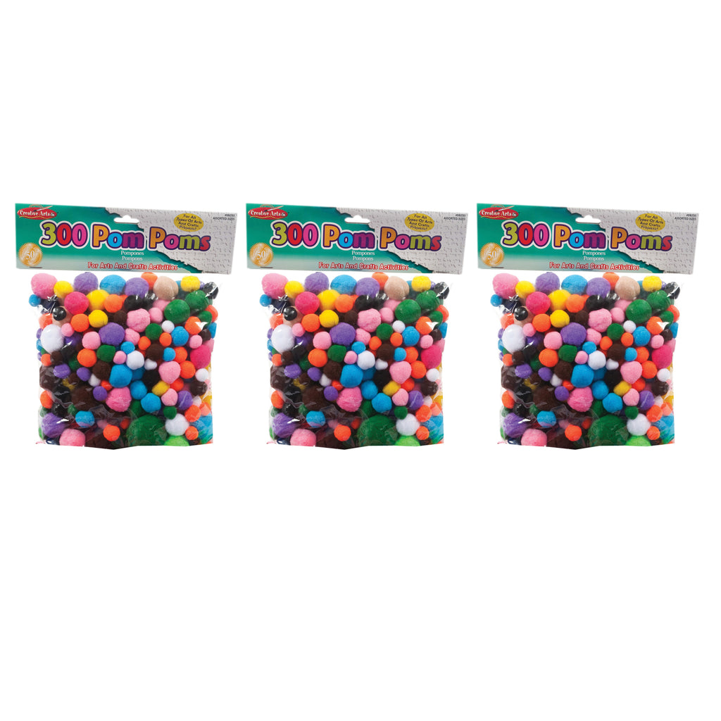 (3 Pk) Pom Poms Asst Sizes & Colors 300 Per Pk