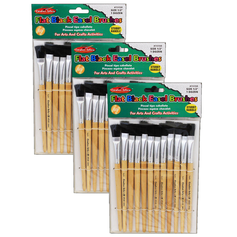 (3 Pk) Brushes Stubby Easel Flat 1-2in Natural Bristle 12 Per Set