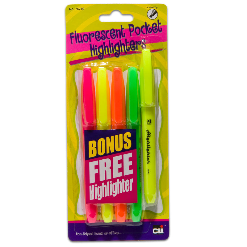 Pocket Highlighters 12 Sets Of 5 Fluorescent Assorted Colors