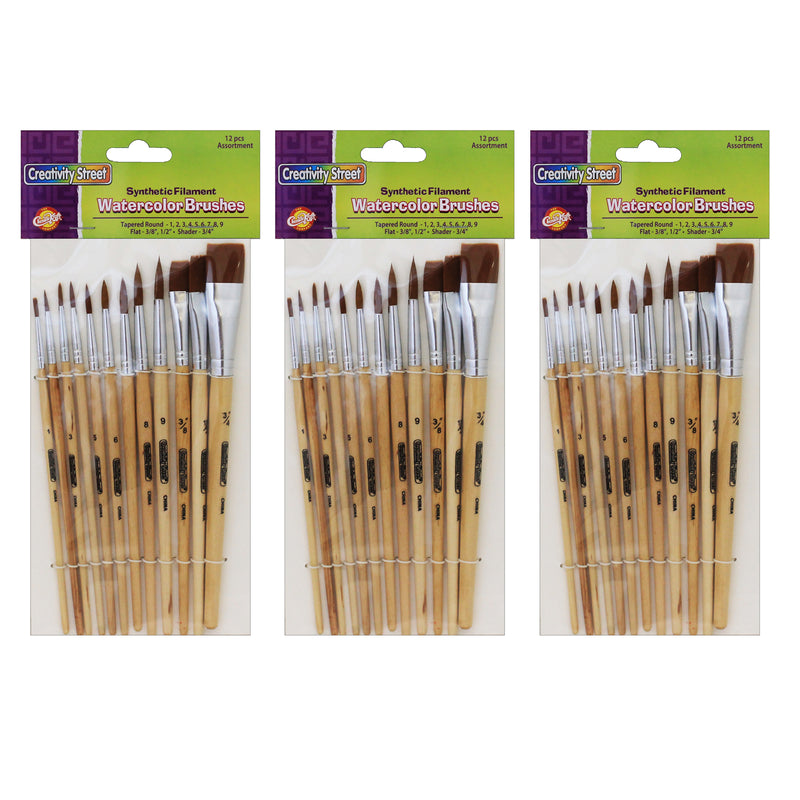 (3 St) Watercolor Brushes 12 Per Pk Assorted Sizes