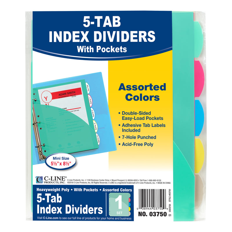 Mini Size 5 Tab 5pk Poly Index Dividers With Pockets