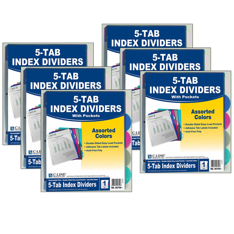 (6 Pk) 5 Tab Poly Index Dividers W -slant Pocket Asstd 5 Per Pk