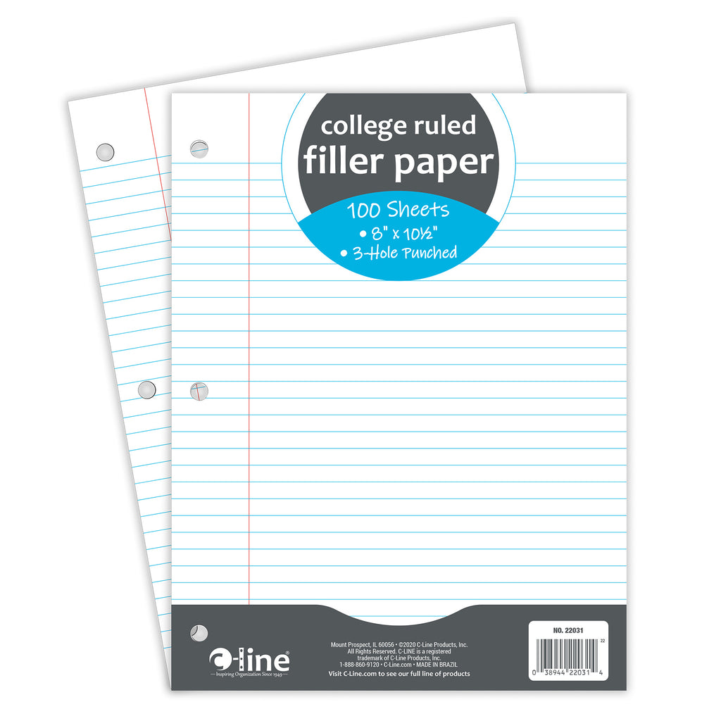 Filler Paper, College Ruled, 8" x 10-1-2", White, 100 Sheets