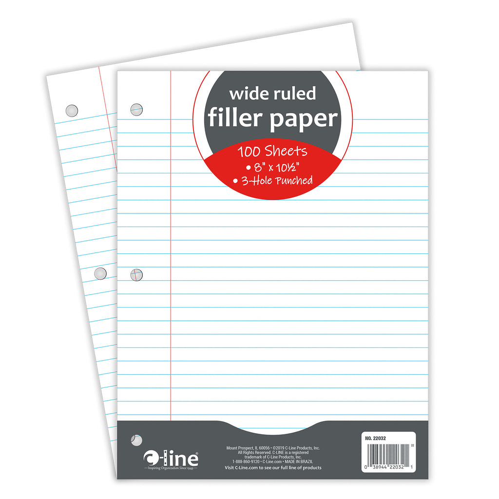 Filler Paper, Wide Ruled, 8" x 10-1-2", White, 100 Sheets