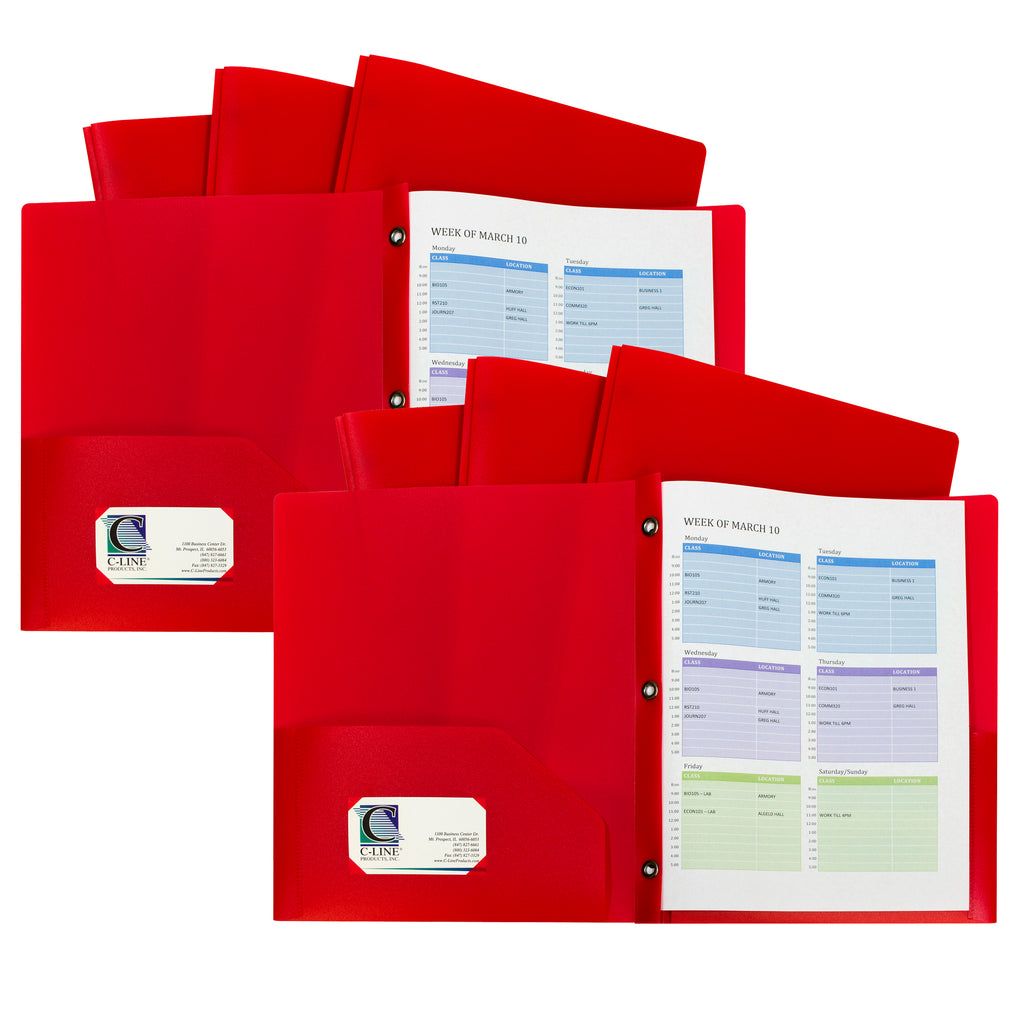 (2 Pk) Red 2 Pocket Poly Portfolios With Prongs Pack Of 10