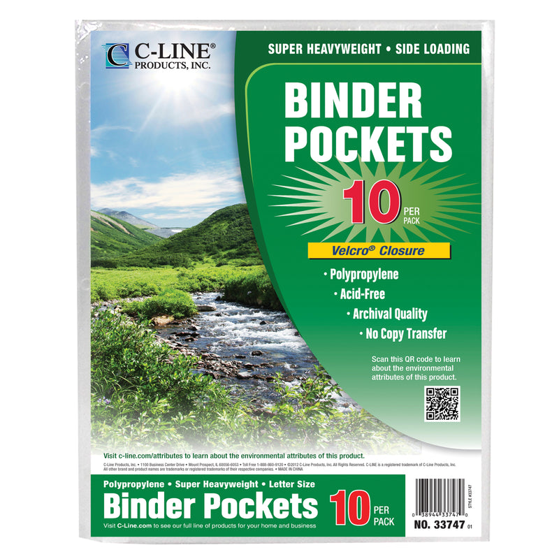 Binder Pocket 10pk Hook & Loop Closure Clear