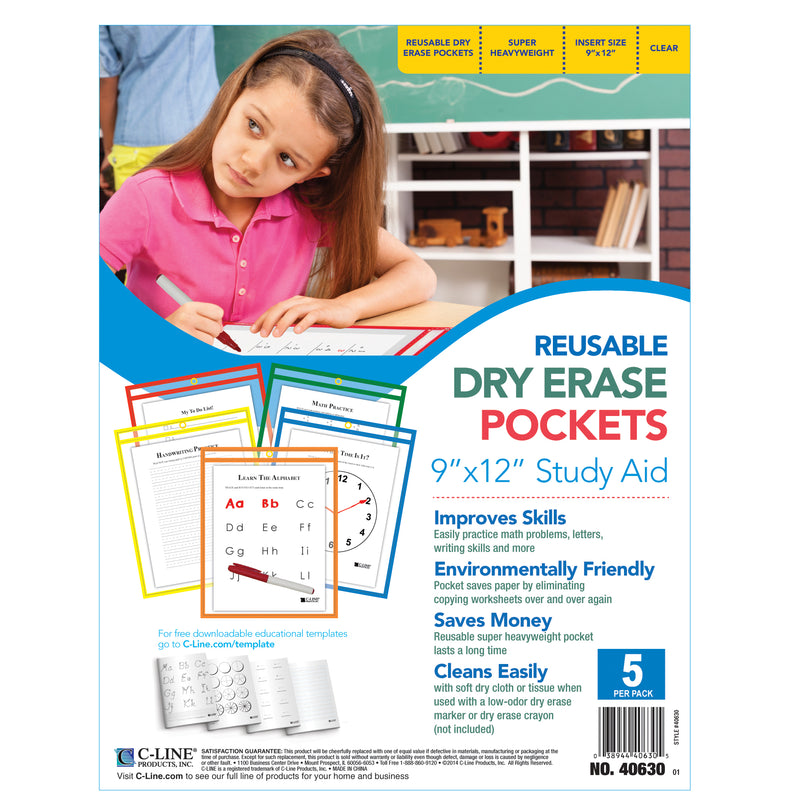 Reusable Dry Erase Pockets 5-box Assorted Primary 9 X 12