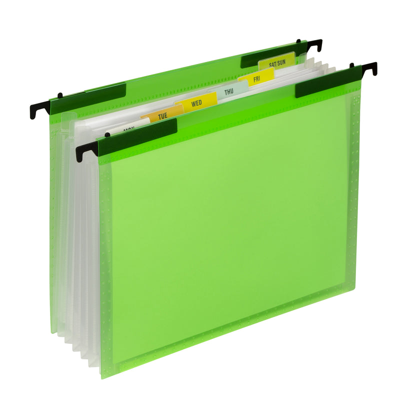 Expanding File Folder, 7-Pocket, Hanging Tabs, Bright Green