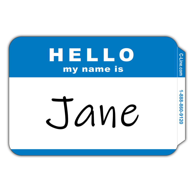 Pressure Sensitive Badges, Hello my name is, Blue, 3-1-2" x 2-1-4", Box of 100