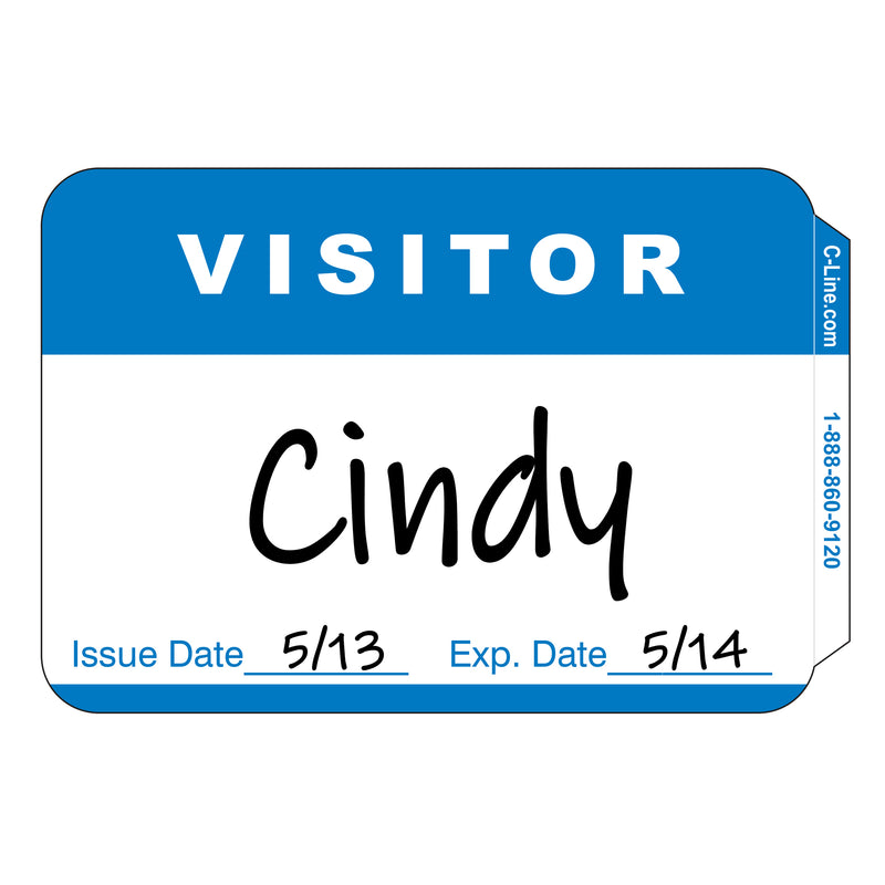 Pressure Sensitive Badges, Visitor, Blue, 3-1-2" x 2-1-4", Box of 100