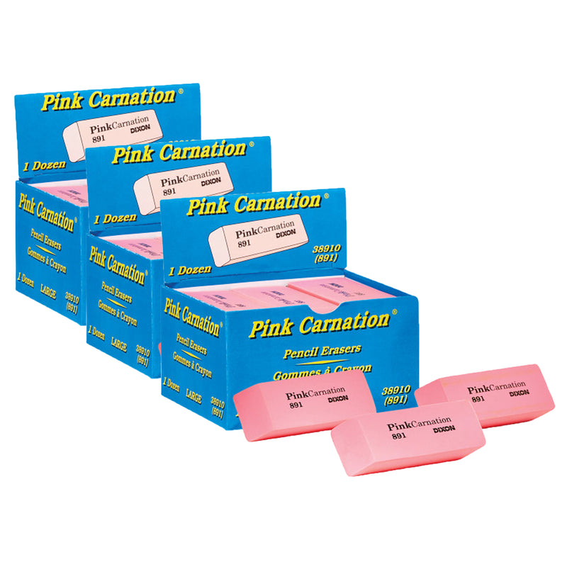 (3 Pk) Dixon Pink Carnation Erasers Large