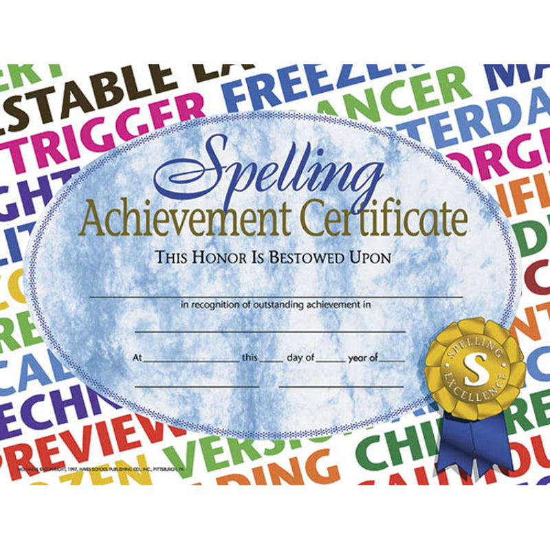 (3 Pk) Spelling Achievement Certificate 8.5x11 30 Per Pk