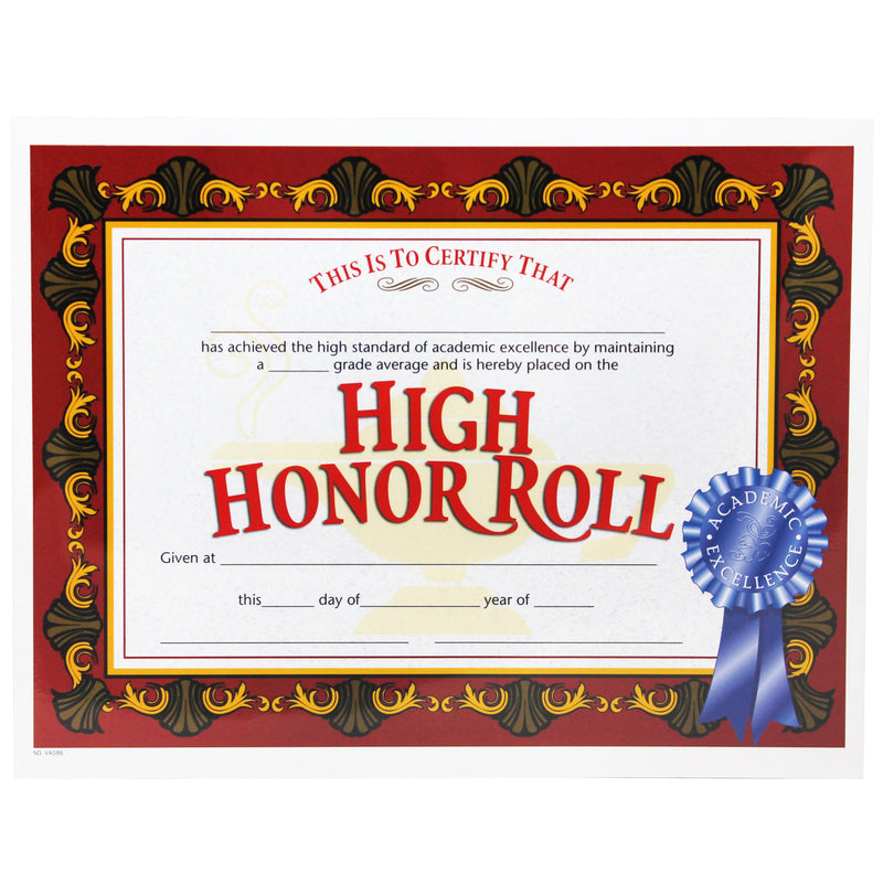 (3 Pk) High Honor Roll Award Certificate 8.5x11 30 Per Pk