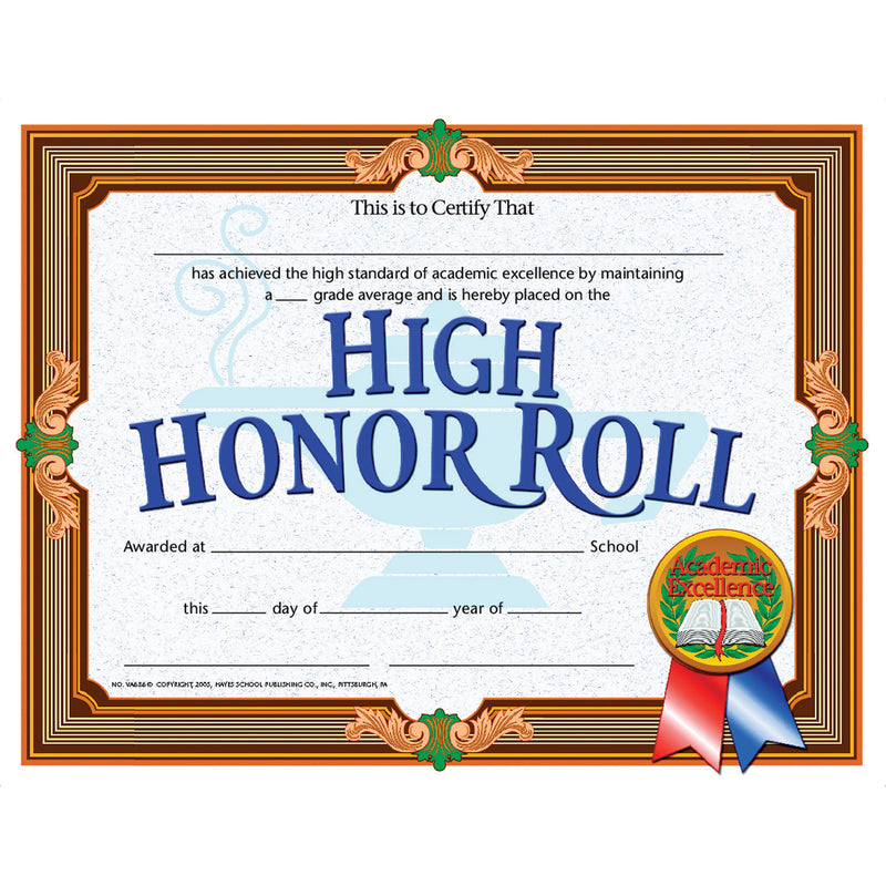 (3 Pk) High Honor Roll Achievement Certificates 30 Per Pk