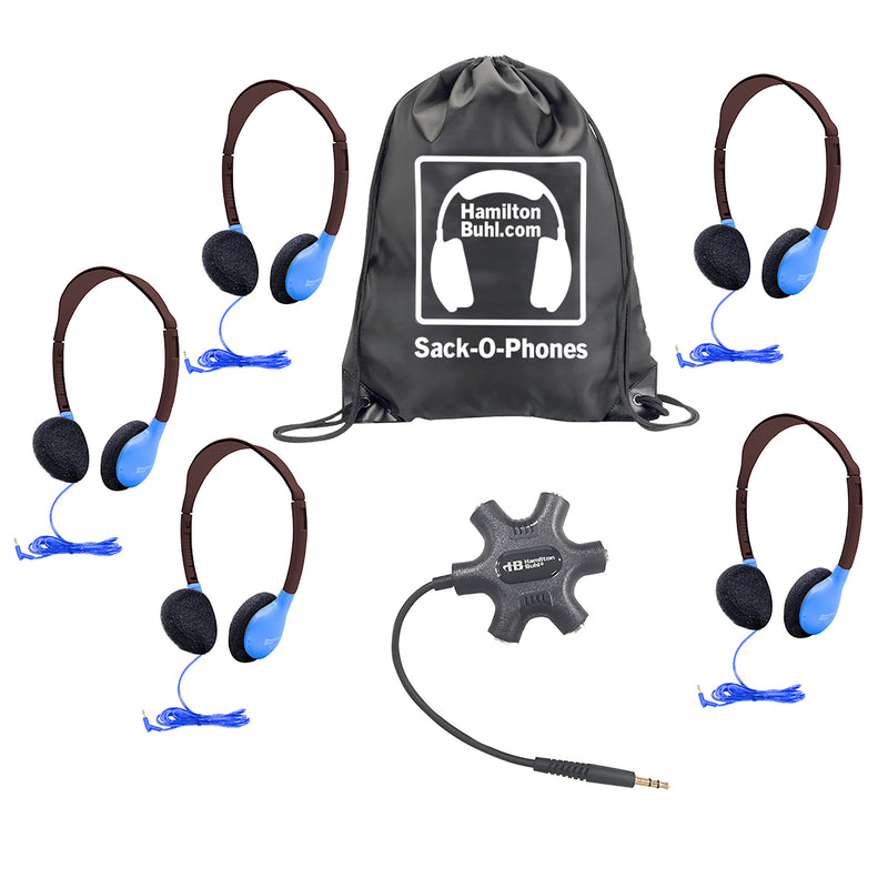 Galaxy™ Econo-Line of Sack-O-Phones with 5 Blue Personal-Sized Headphones, Starfish Jackbox and Carry Bag