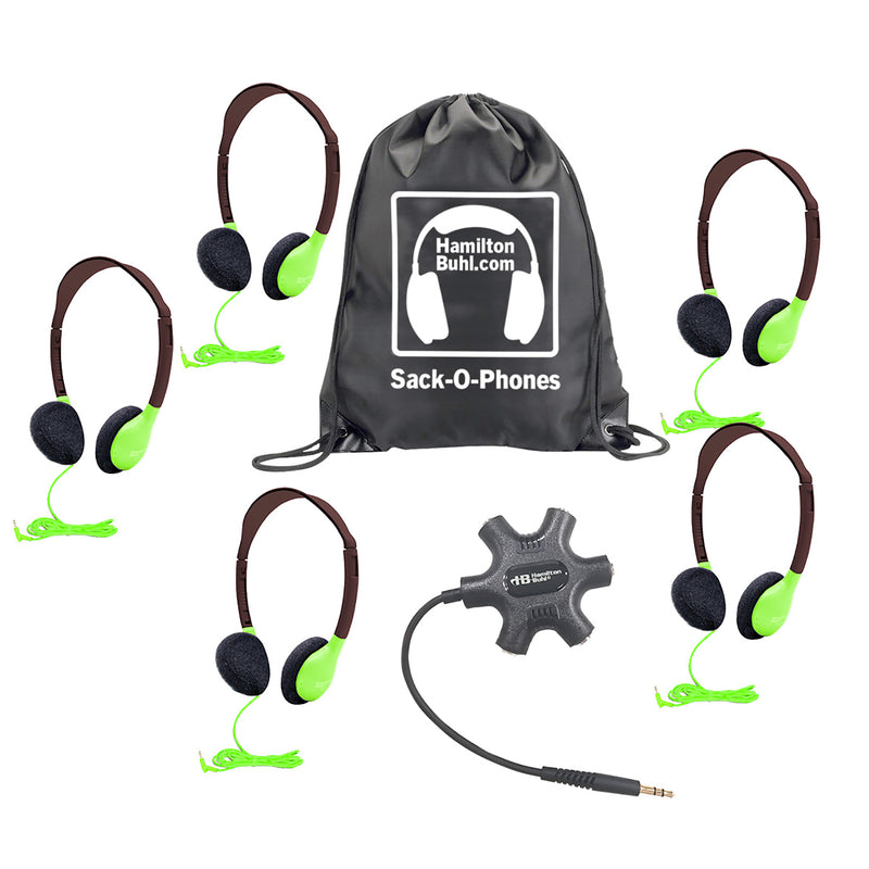 Galaxy™ Econo-Line of Sack-O-Phones with 5 Green Personal-Sized Headphones, Starfish Jackbox and Carry Bag