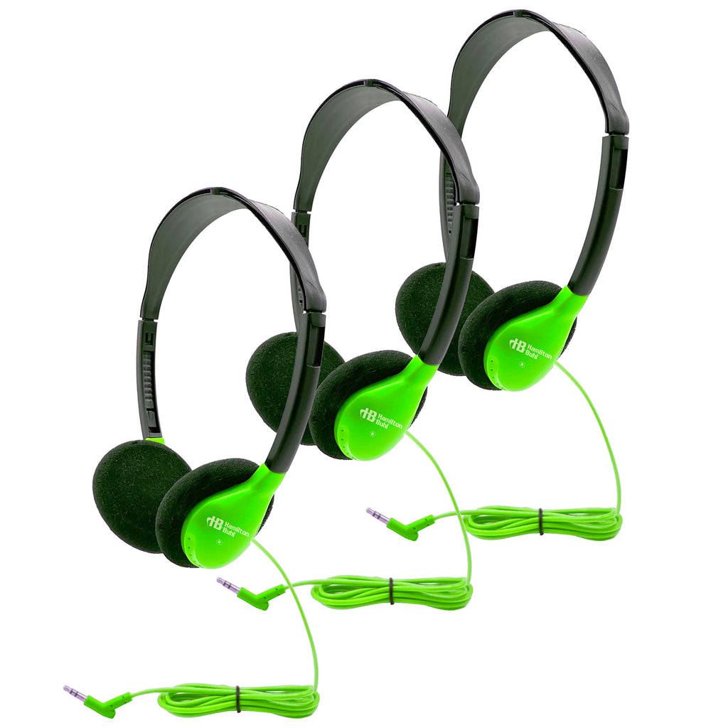 Personal On-Ear Stereo Headphone, Green, Pack of 3