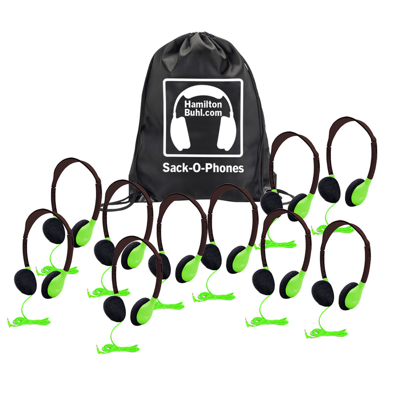 Sack-O-Phones, 10 Personal Headphones in a Carry Bag, Green