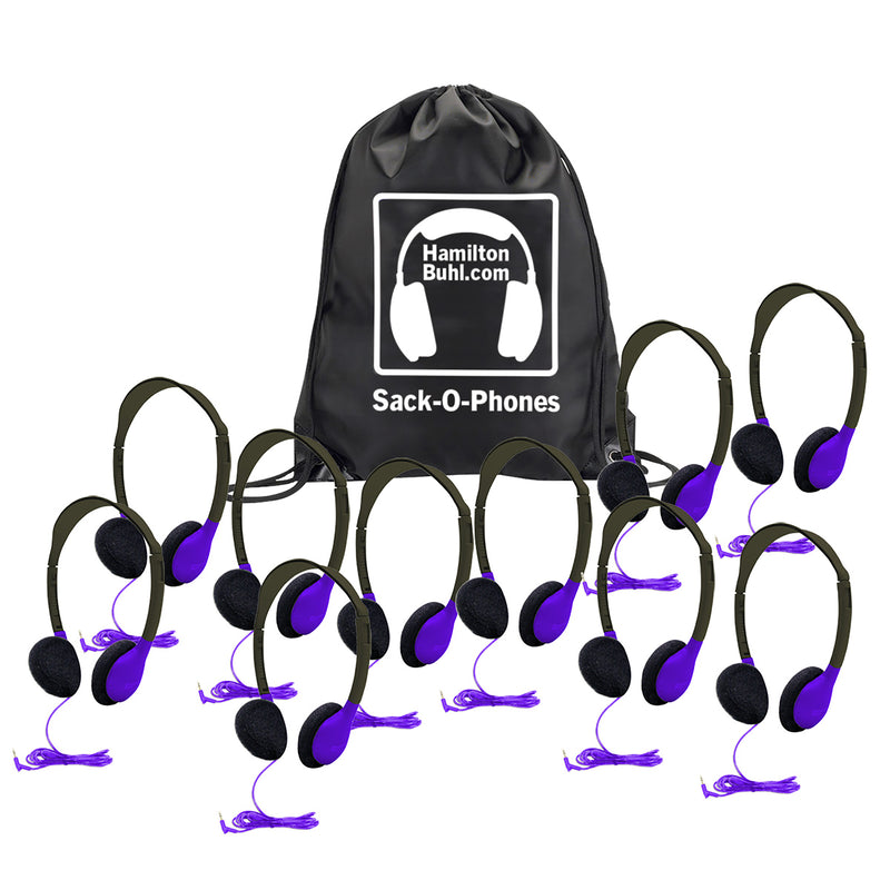 Sack-O-Phones, 10 Personal Headphones in a Carry Bag, Purple