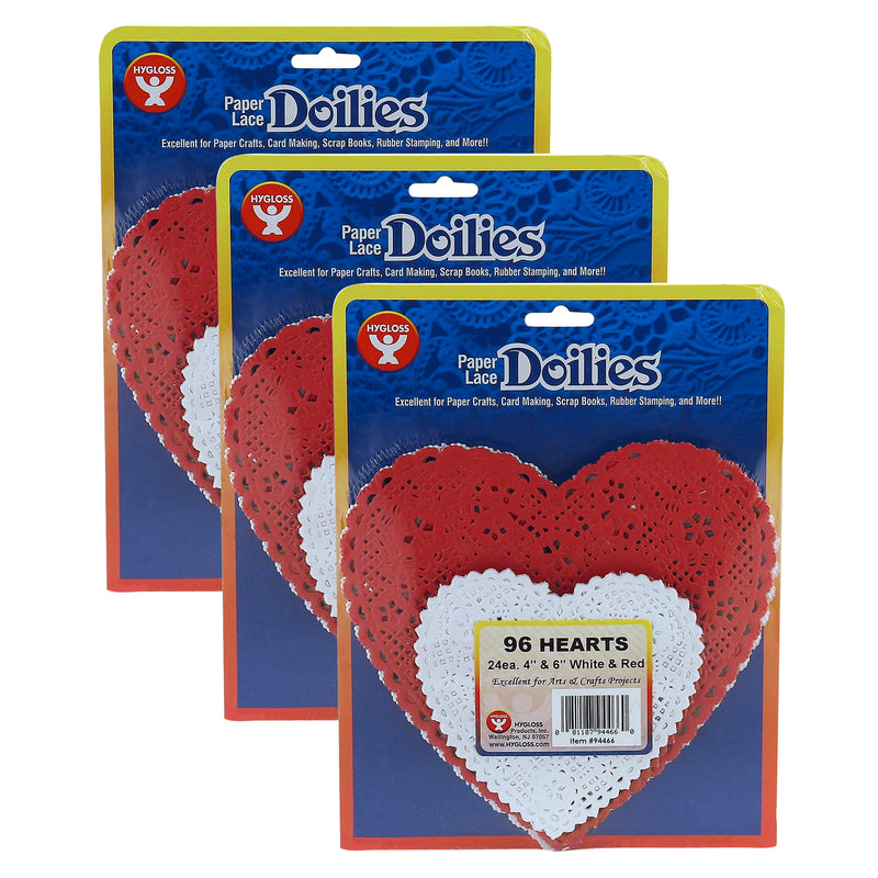 (3 Pk) Doilies White & Red Hearts 24 Each 4in 6in